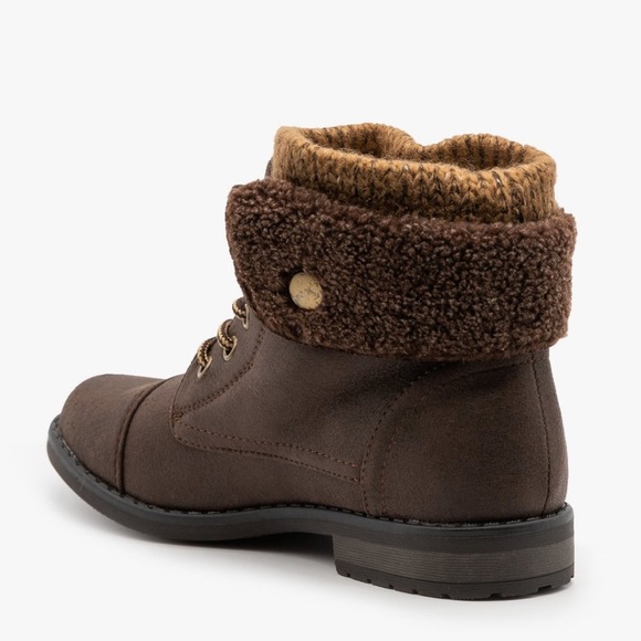 Brown Faux Shearling Cuff Combat Boots - Picture 6 of 8